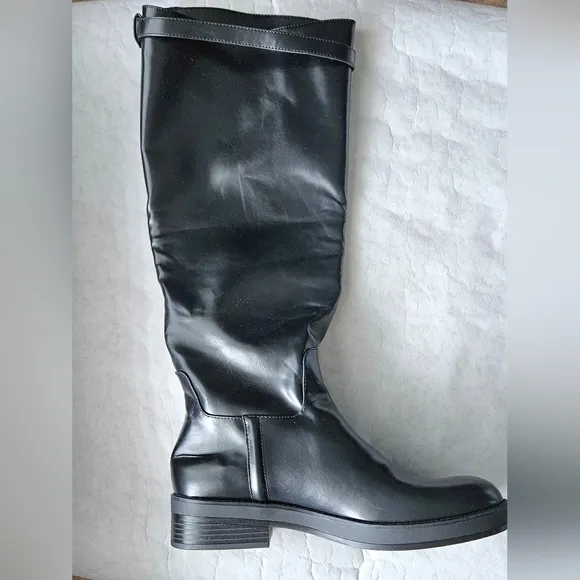 Zara black riding boots buckle strap full width NWT