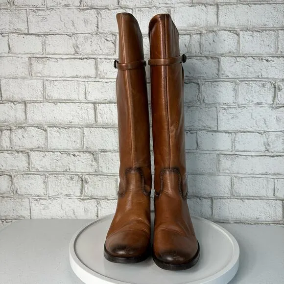 Zara Boots Leather Riding Knee High Strap Buckle Brown 37 7