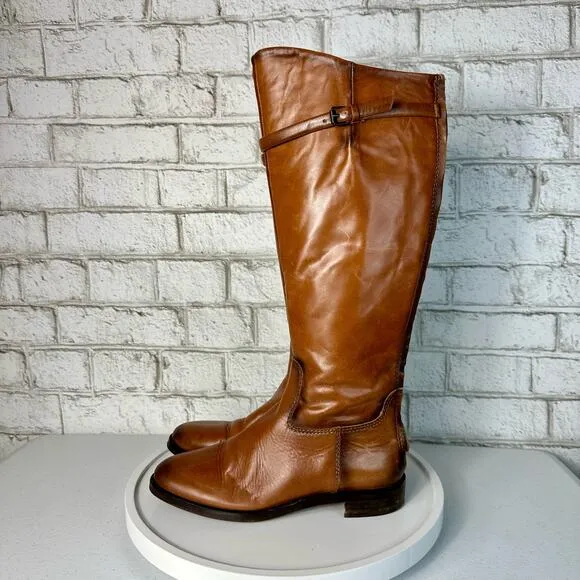 Zara Boots Leather Riding Knee High Strap Buckle Brown 37 7
