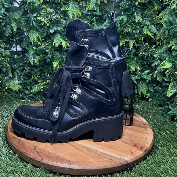 ZARA Boots Women 9 US 40 EU Black Moto Combat Chunky Heel Lace Up Ankle 2111