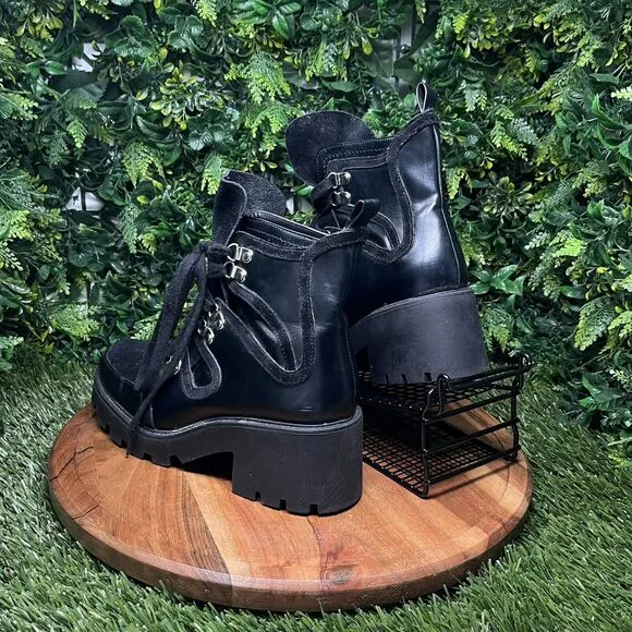 ZARA Boots Women 9 US 40 EU Black Moto Combat Chunky Heel Lace Up Ankle 2111