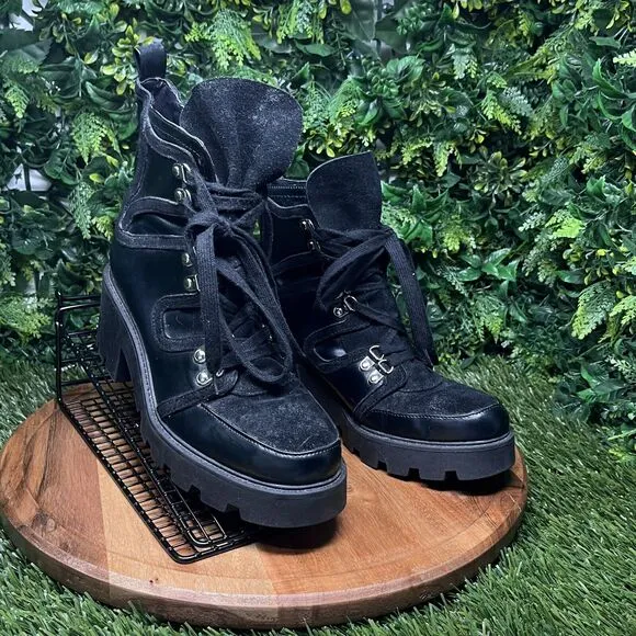 ZARA Boots Women 9 US 40 EU Black Moto Combat Chunky Heel Lace Up Ankle 2111