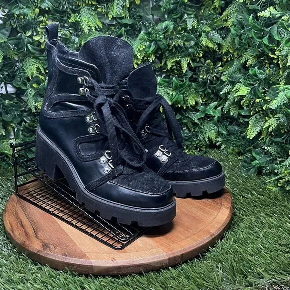 ZARA Boots Women 9 US 40 EU Black Moto Combat Chunky Heel Lace Up Ankle 2111