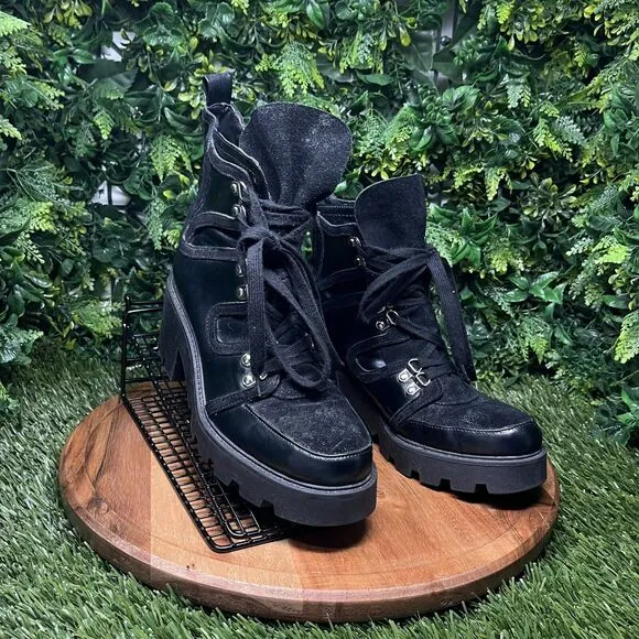 ZARA Boots Women 9 US 40 EU Black Moto Combat Chunky Heel Lace Up Ankle 2111