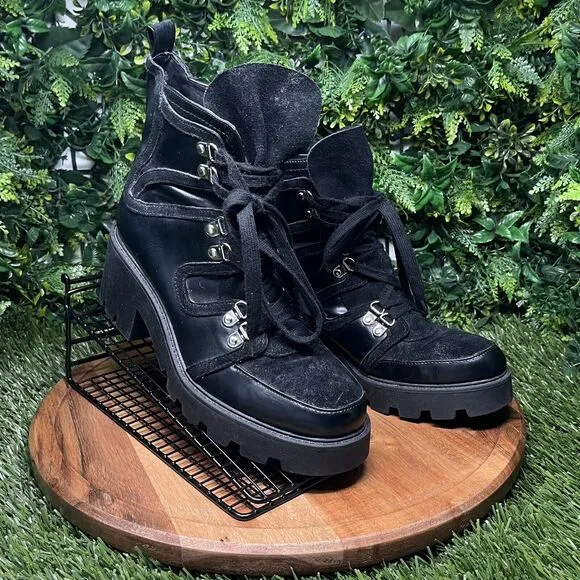 ZARA Boots Women 9 US 40 EU Black Moto Combat Chunky Heel Lace Up Ankle 2111