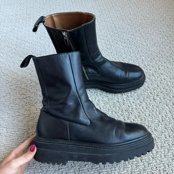 Zara Genuine Leather Lug Sole Ankle Boots
