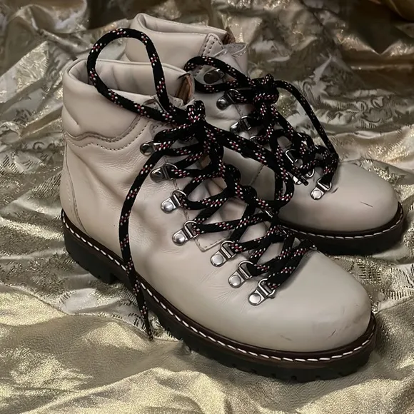 ZARA Girls’ Lace-Up Leather Combat Hiking Boots Cream Color Booties EU 35/US 3.5