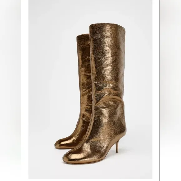 Zara Gold Metallic  Knee-High  Boots Sz 8