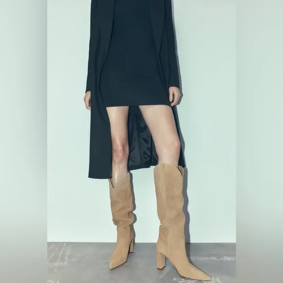 Zara Knee High Suede High Heel Boots