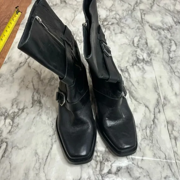 Zara leather Black western Biker Moto boots buckle straps square toe size 39