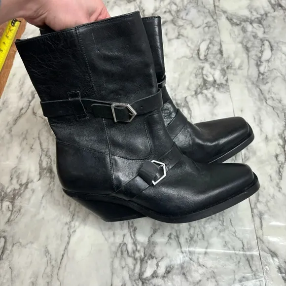 Zara leather Black western Biker Moto boots buckle straps square toe size 39