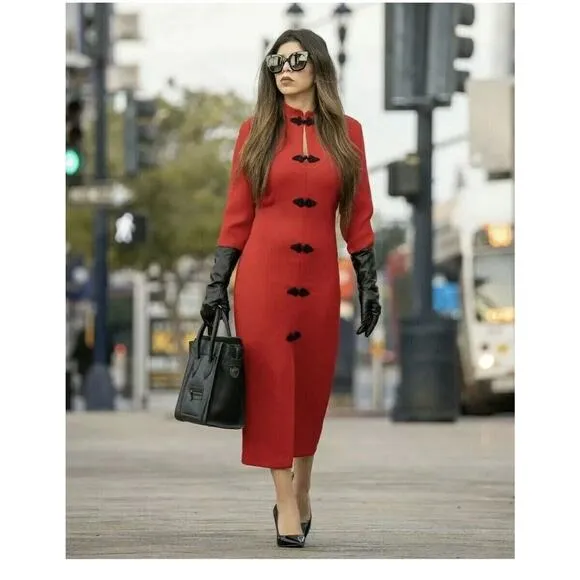 Zara Red Toggle Midi Dress Mandarin Collar Blogger Favorite Size Large NEW
