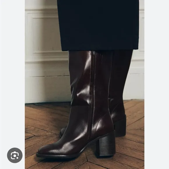 Zara SQUARE TOE LEATHER ANKLE BOOT Burgundy Red 39 8 1106/410 booties heeled