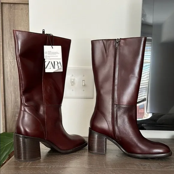 Zara SQUARE TOE LEATHER ANKLE BOOT Burgundy Red 39 8 1106/410 booties heeled