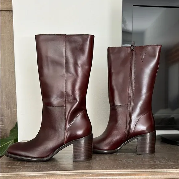 Zara SQUARE TOE LEATHER ANKLE BOOT Burgundy Red 39 8 1106/410 booties heeled