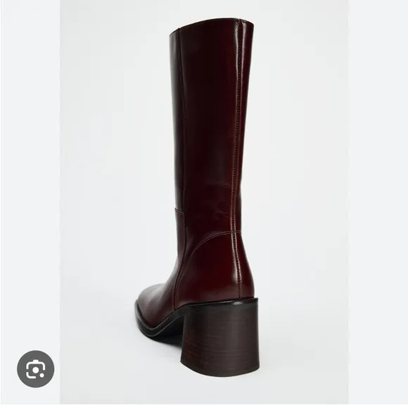 Zara SQUARE TOE LEATHER ANKLE BOOT Burgundy Red 39 8 1106/410 booties heeled