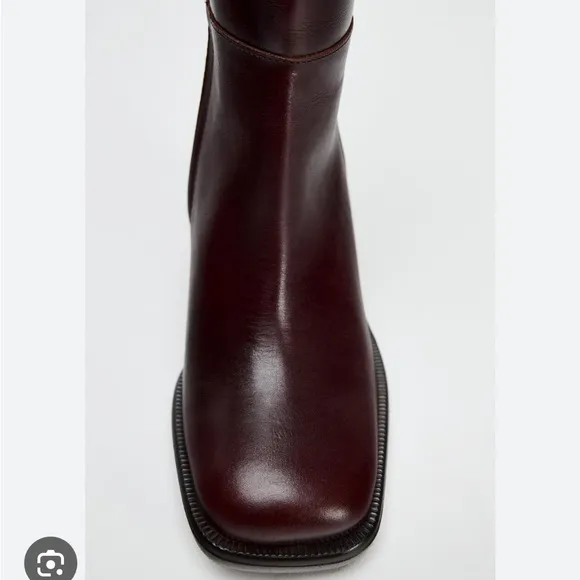 Zara SQUARE TOE LEATHER ANKLE BOOT Burgundy Red 39 8 1106/410 booties heeled