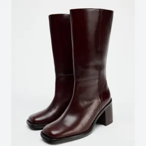 Zara SQUARE TOE LEATHER ANKLE BOOT Burgundy Red 39 8 1106/410 booties heeled