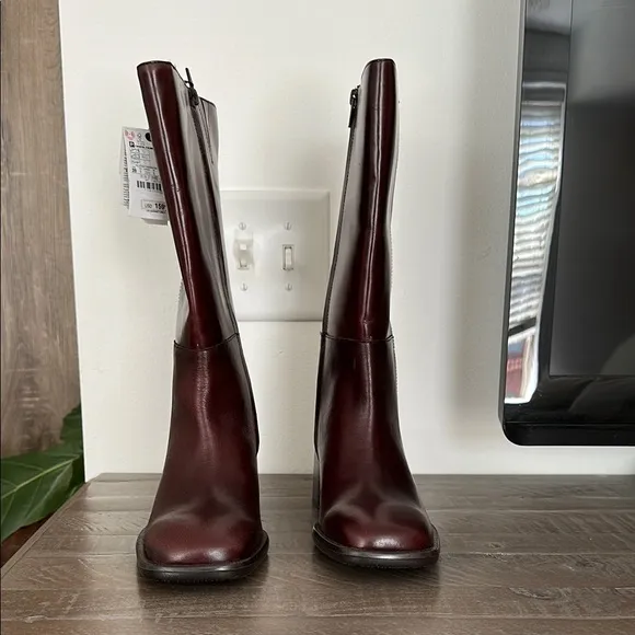 Zara SQUARE TOE LEATHER ANKLE BOOT Burgundy Red 39 8 1106/410 booties heeled