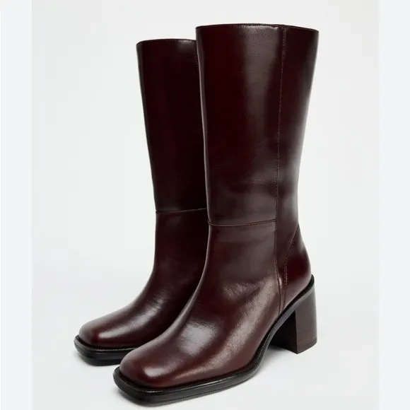 Zara SQUARE TOE LEATHER ANKLE BOOT Burgundy Red 39 8 1106/410 booties heeled