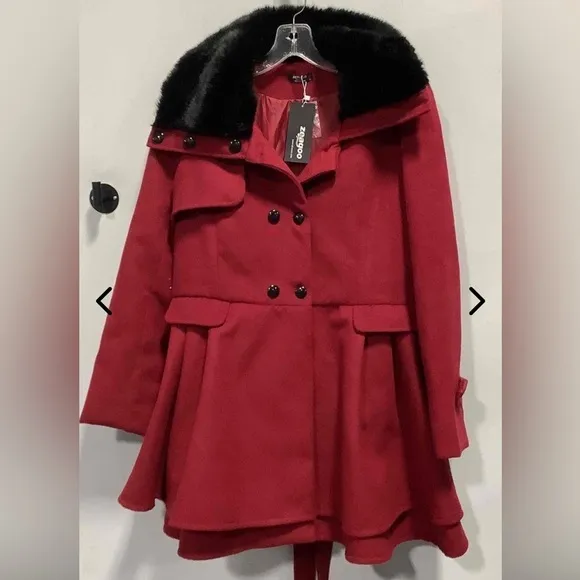 Zeagoo Women's Fashion Faux Fur Lapel Double-Breasted Thick Wool Coat Large
