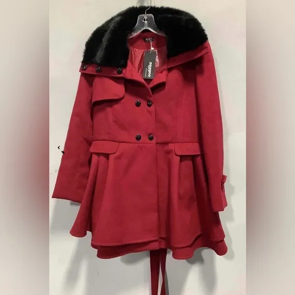 Zeagoo Women's Fashion Faux Fur Lapel Double-Breasted Thick Wool Coat Large