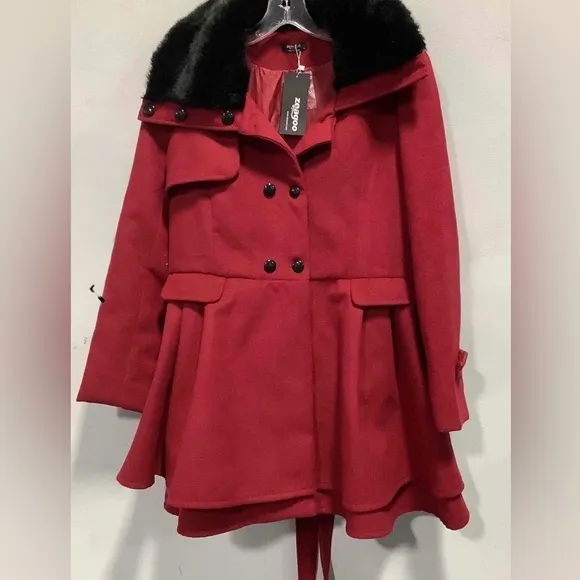Zeagoo Women's Fashion Faux Fur Lapel Double-Breasted Thick Wool Coat Large